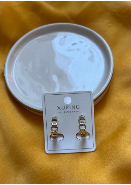 Kadın Çelik Küpe Paslanmaz Çelik Gold Küpe Taşlı Xupıng Jewelry Gold Kaplama Zincir Halka Küpe Kadın Zirkon Taşlı Kararmaz Bağlantı Desenli Huggie Lüks Takı