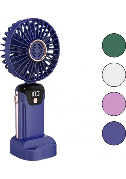 LED Göstergeli Type-C Şarjlı Mini El Fanı Sabit Başlık 5-Kademe Hız Telefonluklu M.üstü Ayak Vantilatör (4887)