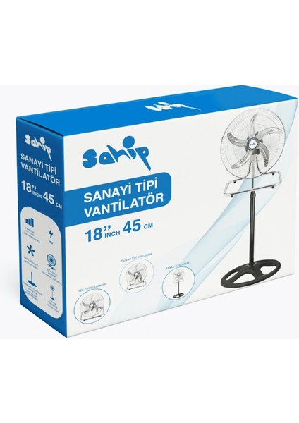 3in1 Kullanım 18 Inç 45 cm Sanayi Tipi Ayaklı Vantilatör 5-Metal Pervane 3-Kademe Hız 75WY:150CM Fan (4887)