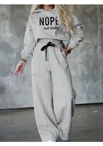 Gri Uzun Kollu Baskılı Beli Ribanalı Kadın Eşofman Takımı modelleri