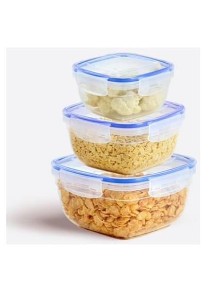 3 Parça Kare Saklama Kabı Seti - Silikon Contalı, Hava Geçirmez, 500 Ml, 900 Ml, 1500 Ml, Modüler ve Istiflenebilir Tasarım, Gıdalar Için Uzun Süre Tazelik
