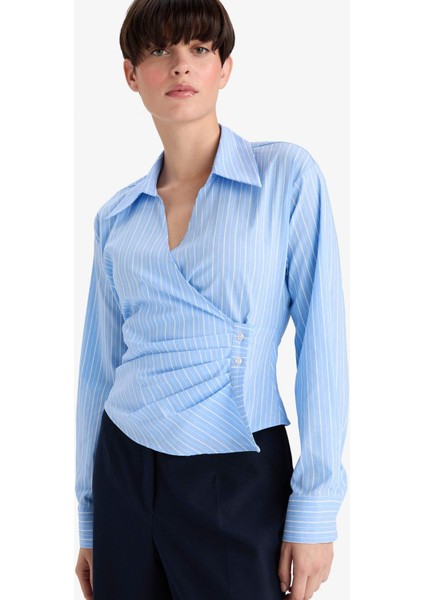 Regular Fit V Yaka Çizgili Bengalin Uzun Kollu Gömlek F9765AX25AU