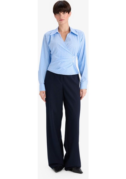 Regular Fit V Yaka Çizgili Bengalin Uzun Kollu Gömlek F9765AX25AU fiyatları