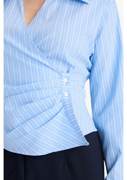 Regular Fit V Yaka Çizgili Bengalin Uzun Kollu Gömlek F9765AX25AU indirimleri