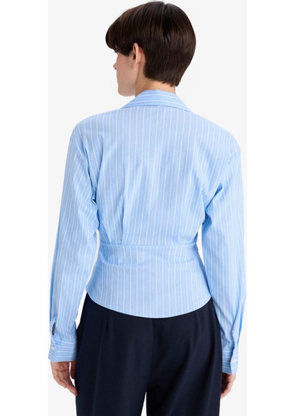 Regular Fit V Yaka Çizgili Bengalin Uzun Kollu Gömlek F9765AX25AU