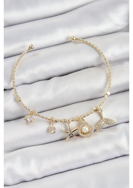 Pirinç Zirkon Taşlı Istiridye ve Deniz Yıldızı Model Gold Renk Charm Bileklik
