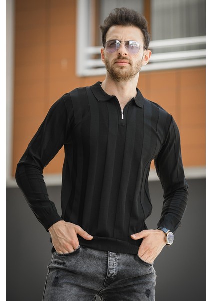 Vilnius Slim Fit Çizgili Gömlek Yaka Yarım Fermuarlı Erkek Triko