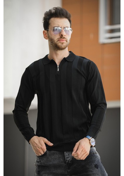 Vilnius Slim Fit Çizgili Gömlek Yaka Yarım Fermuarlı Erkek Triko fiyatları