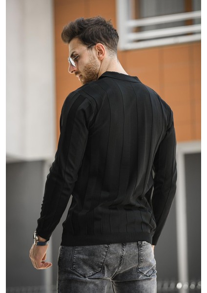 Vilnius Slim Fit Çizgili Gömlek Yaka Yarım Fermuarlı Erkek Triko modelleri