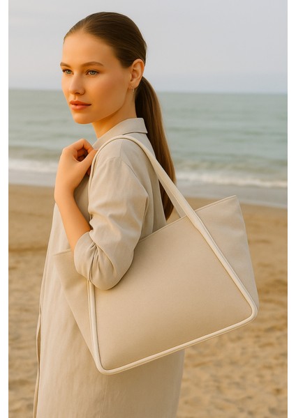 Kadın Omuz Çantası – Keten Kumaş Deri Detaylı Lüks Çanta