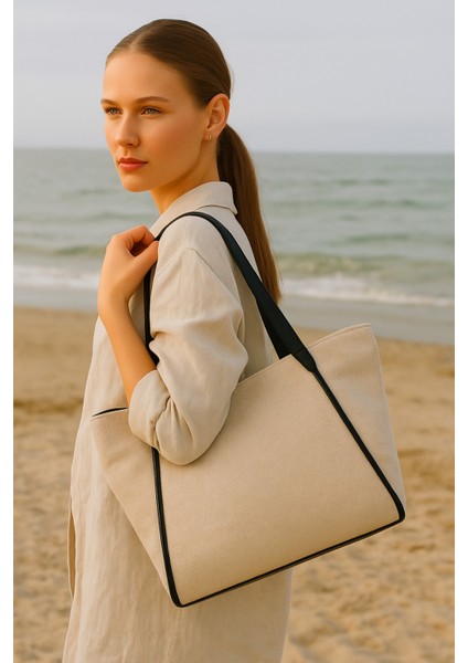 Kadın Omuz Çantası – Keten Kumaş Deri Detaylı Lüks Çanta