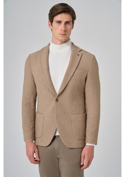 Erkek Bej Poliviskon Trend Desenli Slim Fit Mono Yaka Dokuma Ceket