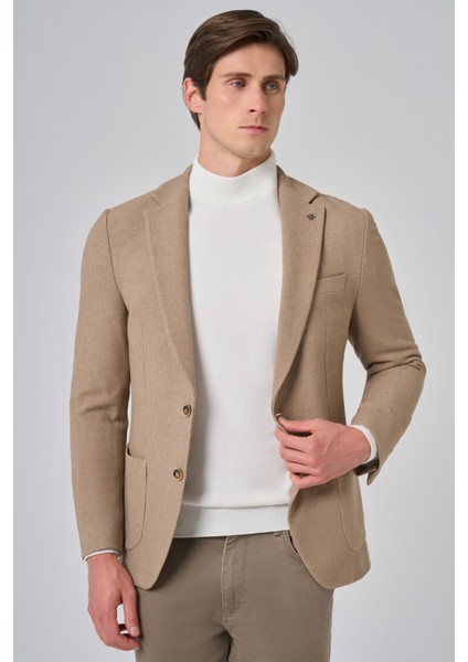 Erkek Bej Poliviskon Trend Desenli Slim Fit Mono Yaka Dokuma Ceket modelleri