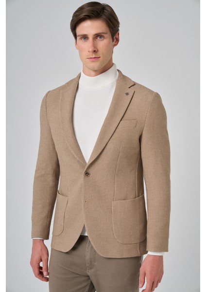 Erkek Bej Poliviskon Trend Desenli Slim Fit Mono Yaka Dokuma Ceket fırsatları