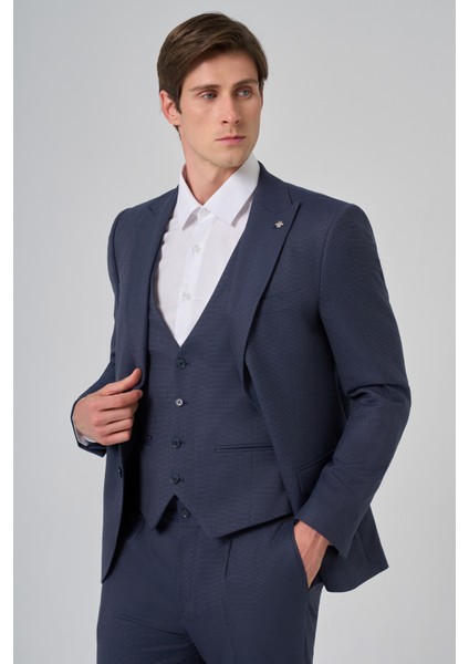 Erkek Lacivert Poliviskon Yelekli Trend Desenli Slim Fit Sivri Yaka Takım Elbise