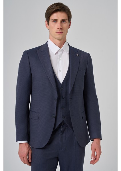 Erkek Lacivert Poliviskon Yelekli Trend Desenli Slim Fit Sivri Yaka Takım Elbise modelleri