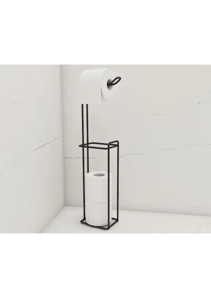 Dekoratif Yedekli Ayaklı Tuvalet Kağıtlığı Mat Siyah