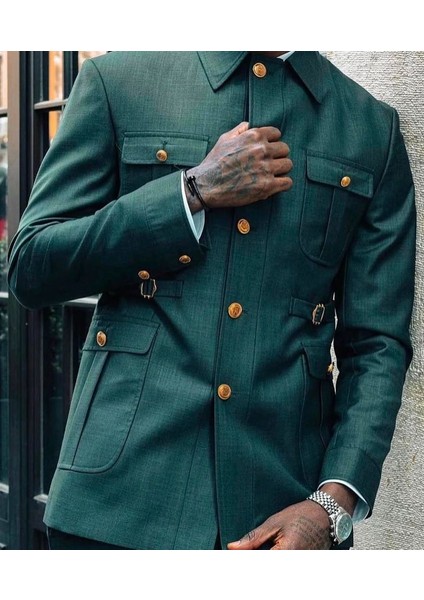 Özel Tasarım Italyan Kesim Erkak Safari Takım Elbise Yeşil