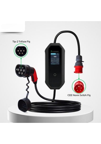 Coswatt Elektrikli Araç Taşınabilir Şarj Cihazı 11 Kw 16A Tip-2 5X16A 8 Metre Kablo(Türkçemenü) Çanta Hediye