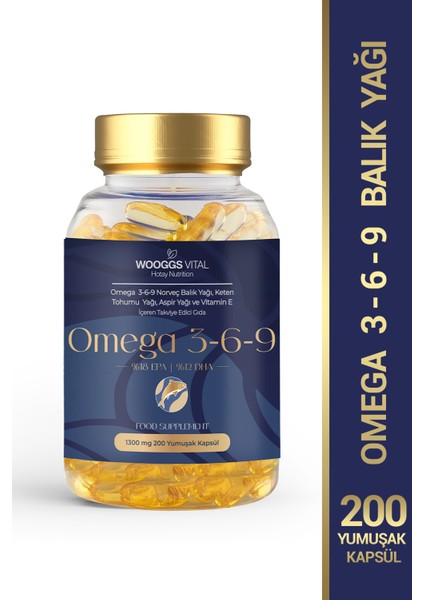 Omega 3-6-9 Norveç Balık Yağı Keten Tohumu Yağı Aspir Yağı ve Vitamin E 1300 Mg 200 Kapsül