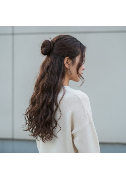Fiber Sentetik Dalgalı Yarım Ay + 2 Yan Çıt Çıt / Koyu Kahve