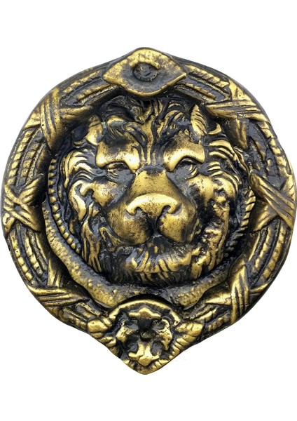 Antika Tarz Dekoratif Pirinç Aslan Kapı Tokmağı, Taktak - 185 Mm, Antik