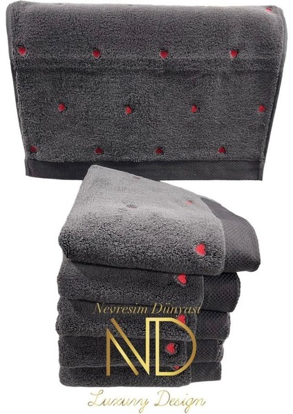 Lubow Love Koyu Gri Kırmızı Nakışlı 70X140 6'lı Havlu Seti