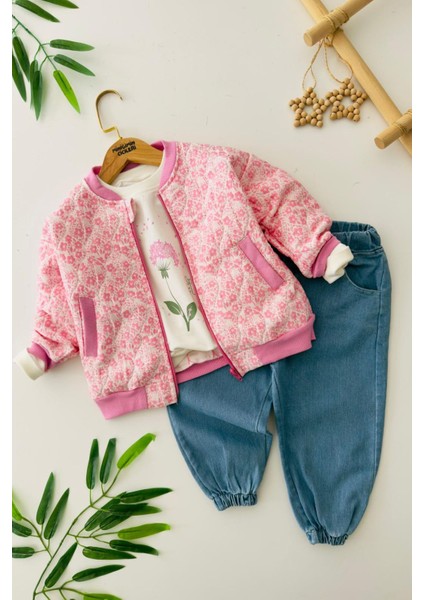 Çiçek Desenli Kapitone Ceketli Kız Çocuk 3 lü takım - Pembe