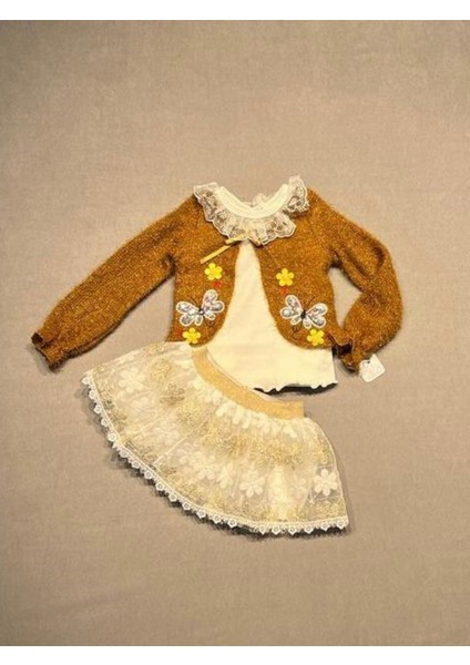 1-2-3 Yaş Brode Etekli Örme Hırkalı Uzun Kollu Sweat 3lü Kız Çocuk Takımı