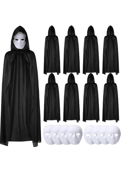 Bfs 120 cm Siyah Kapüşonlu Pelerin ve Boyanabilir Karton Maske 8’li Set