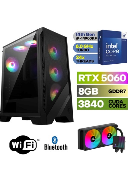 Şafak-Gaming Pc Ddr5-Rtx 5060 8gb -Intel I9 14900KF – 64 GB Ddr5 Ram – 1 Tb M.2 SSD 5000 4000 – 240MM Sıvı Sogutma -Windows 11 Pro