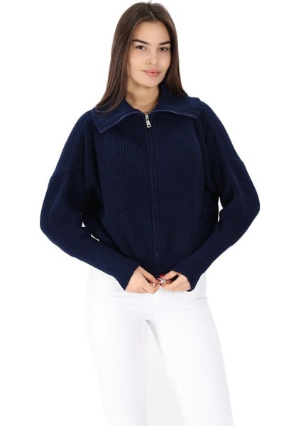 Kadın Fermuarlı Oversize Devrik Yaka Triko Hırka