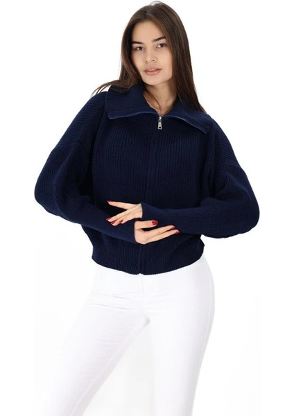 Kadın Fermuarlı Oversize Devrik Yaka Triko Hırka fırsatları