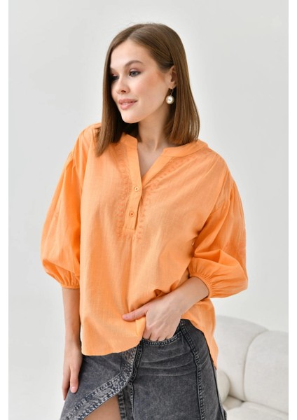 Kadın Gömlek V Yaka 2 Düğmeli Gömlek Oranj - 23132