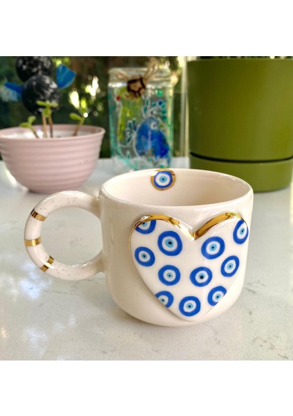 El Yapımı Seramik Gerçek 24K Altın Dekorlu Büyük Kalp Nazar Kupa fiyatları