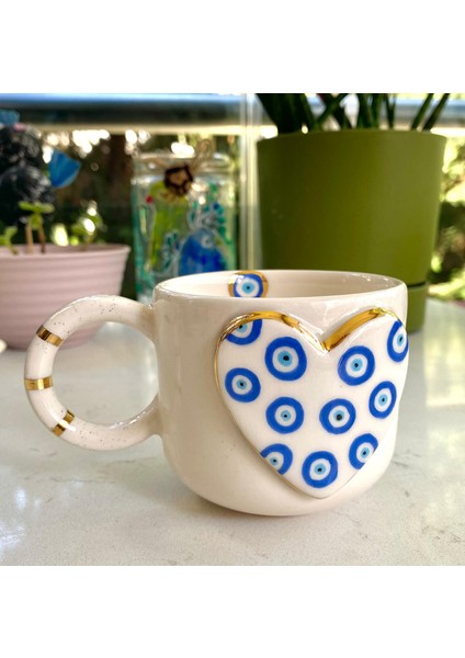 El Yapımı Seramik Gerçek 24K Altın Dekorlu Büyük Kalp Nazar Kupa modelleri