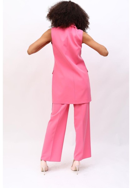 Tek Düğmeli Salaş Yelek & Bol Paça Pantolon Takım-Pembe fırsatları