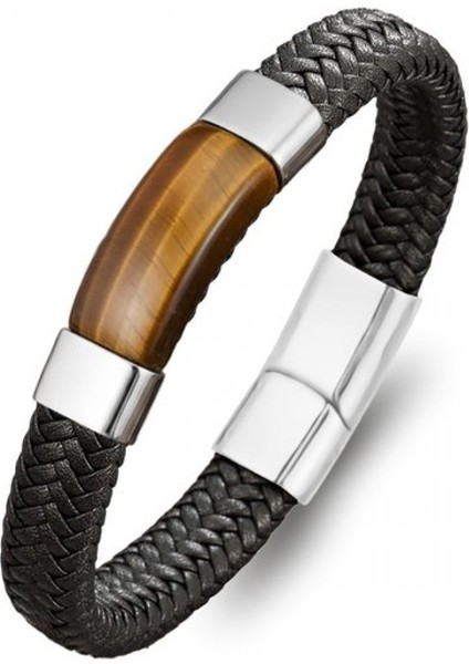 Kaplan Gözü Taşlı Siyah Deri Erkek Çelik Bileklik 31834B6D1