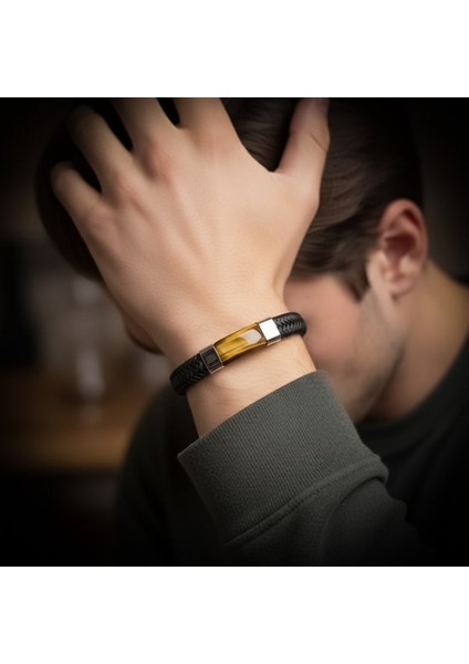 Kaplan Gözü Taşlı Siyah Deri Erkek Çelik Bileklik 31834B6D1 fiyatları