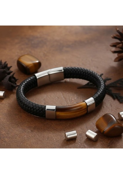 Kaplan Gözü Taşlı Siyah Deri Erkek Çelik Bileklik 31834B6D1 fırsatları