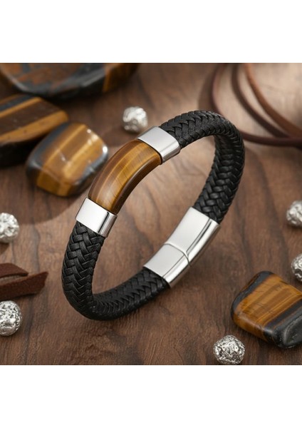 Kaplan Gözü Taşlı Siyah Deri Erkek Çelik Bileklik 31834B6D1 indirimleri