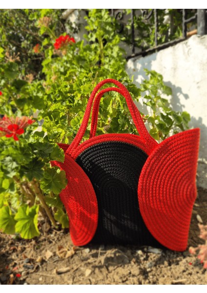 El Yapımı Kırmızı ve Siyah Tasarım Çanta, Fiyonk Detaylı Özgün Model Kordon Örgü Kol Çantası indirimleri