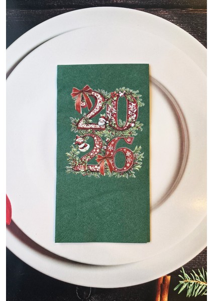 2026 Yazılı Yılbaşı Çiçekleri Tasarım Yeşil Yılbaşı Peçetesi 12LI Paket