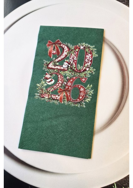 2026 Yazılı Yılbaşı Çiçekleri Tasarım Yeşil Yılbaşı Peçetesi 12LI Paket fiyatları