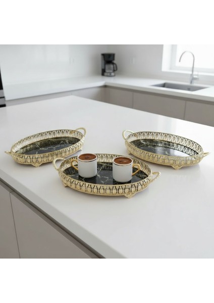 3 Adet Gold Renk Mermer Desen Metal Çerçeveli Cam Nişan-Servis Tepsi Seti – 28×19 cm fırsatları