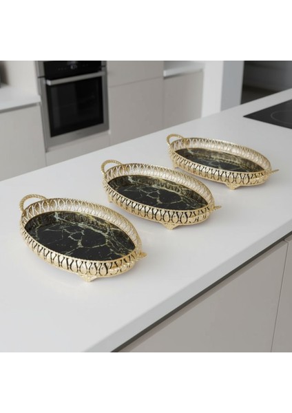 3 Adet Gold Renk Mermer Desen Metal Çerçeveli Cam Nişan-Servis Tepsi Seti – 28×19 cm indirimleri