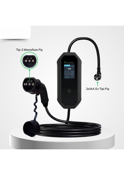 Coswatt Taşınabilir Şarj Cihazı 3.5 Kw / 16A / Türkçe Menü / 8m Kablolu / Tip-2 / Ev Tipi Schuko Fiş / 220V Ac / Taşıma Çantası Hediyeli fiyatları