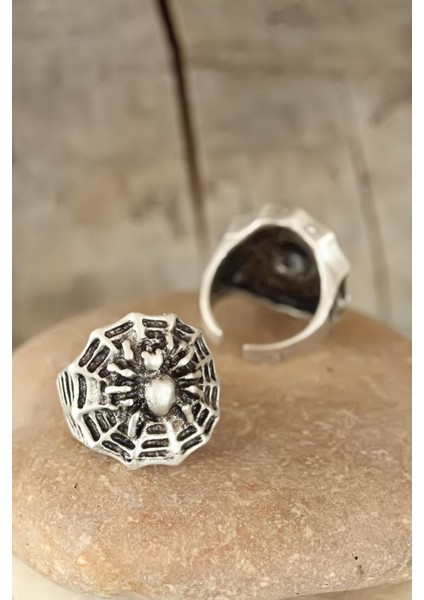 Eskitme Gümüş Renk Örümcek Figürlü Erkek Ayarlamalı Yüzük