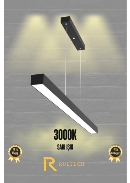 Lineer 80 cm Siyah Kasa Gün Işık (Sarı) - 3000 K Ledli Sarkıt Modern Avize - Salon, Mutfak, Masa Üstü