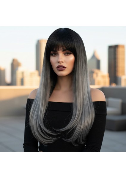 Fiber Sentetik Uzun Düz Kahküllü Peruk / Siyah Gri Ombreli